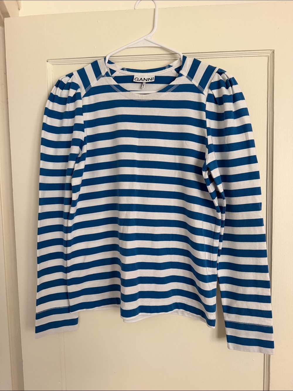 Ganni Blue and White Striped Puff-Sleeve Long Sleeve Tee